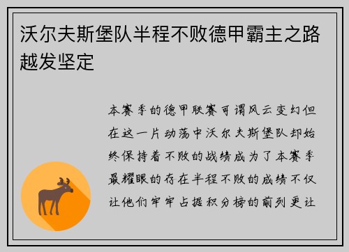 沃尔夫斯堡队半程不败德甲霸主之路越发坚定