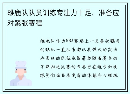 雄鹿队队员训练专注力十足，准备应对紧张赛程